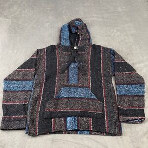 Unbranded Baja Hoodie Mens L Black Blue Red Striped Mexican Jerga Pullover